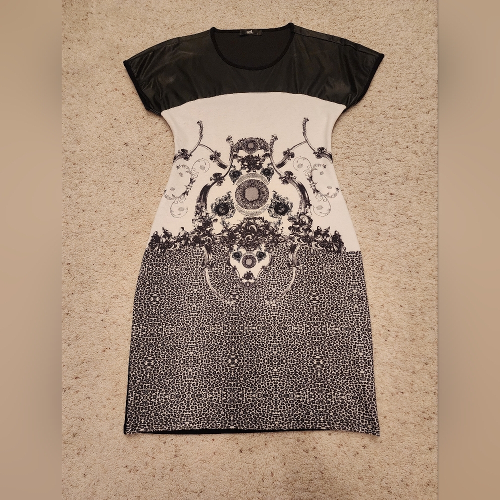 ADL Black and White Dress With Faux Leather Shoulder Detail
